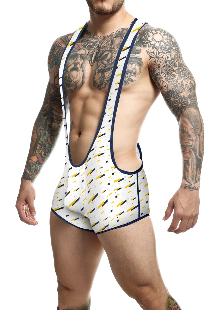 Mob singlet athletic singlet with white and yellow pattern and navy blue trim for sports and training wear