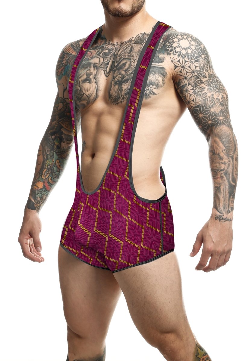 A maroon and gold patterned wrestling singlet with geometric lattice design featured in the mob singlet product