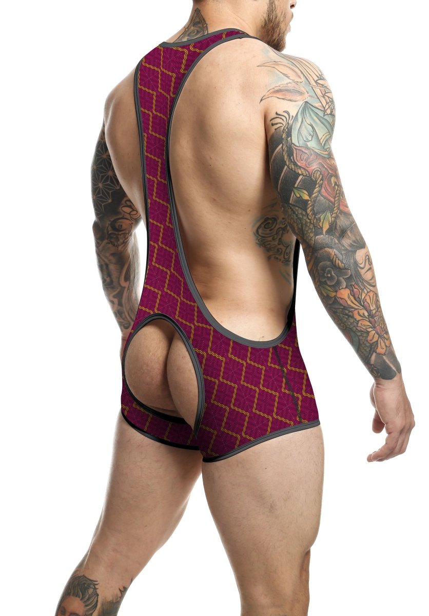 Maroon and gold patterned mob singlet with a distinctive open-back design shown from the back side