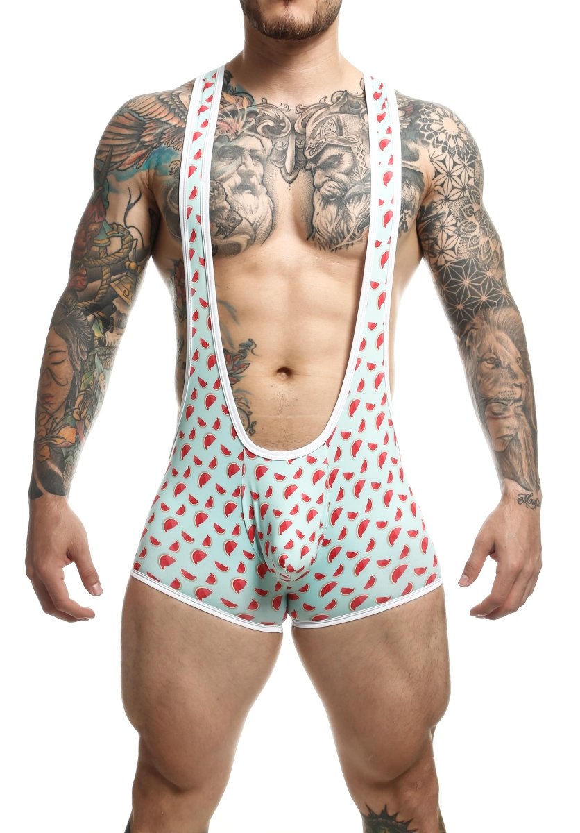 Mob singlet men’s athletic singlet with light blue and red watermelon slice pattern and white trim