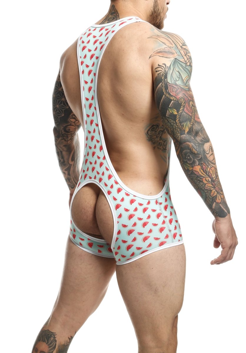 Men’s light blue and red watermelon slice patterned mob singlet athletic one-piece with white trim for sportswear
