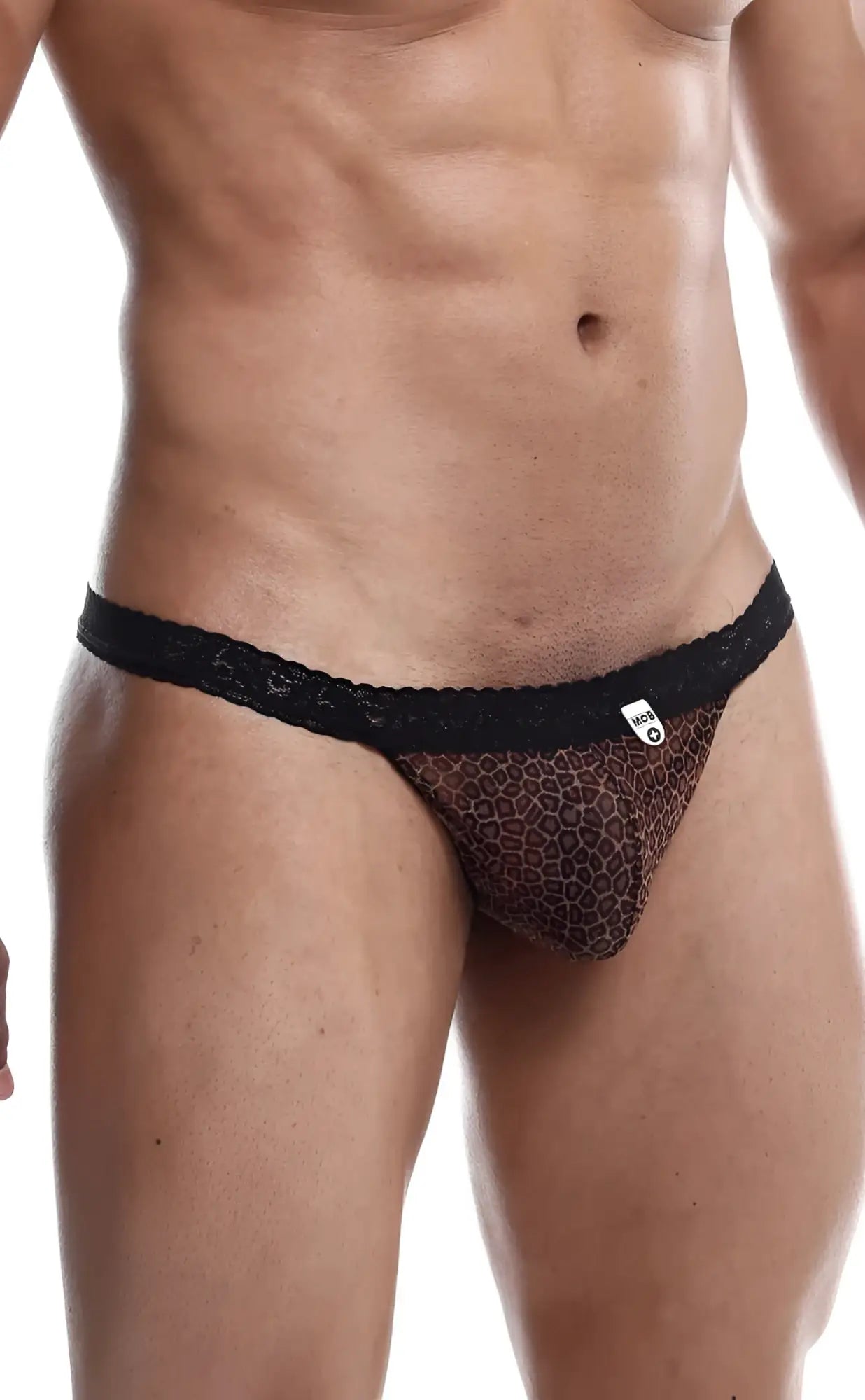 Black lace-trimmed leopard print thong from MOB sultry robe and thong set showcasing bold animal print design