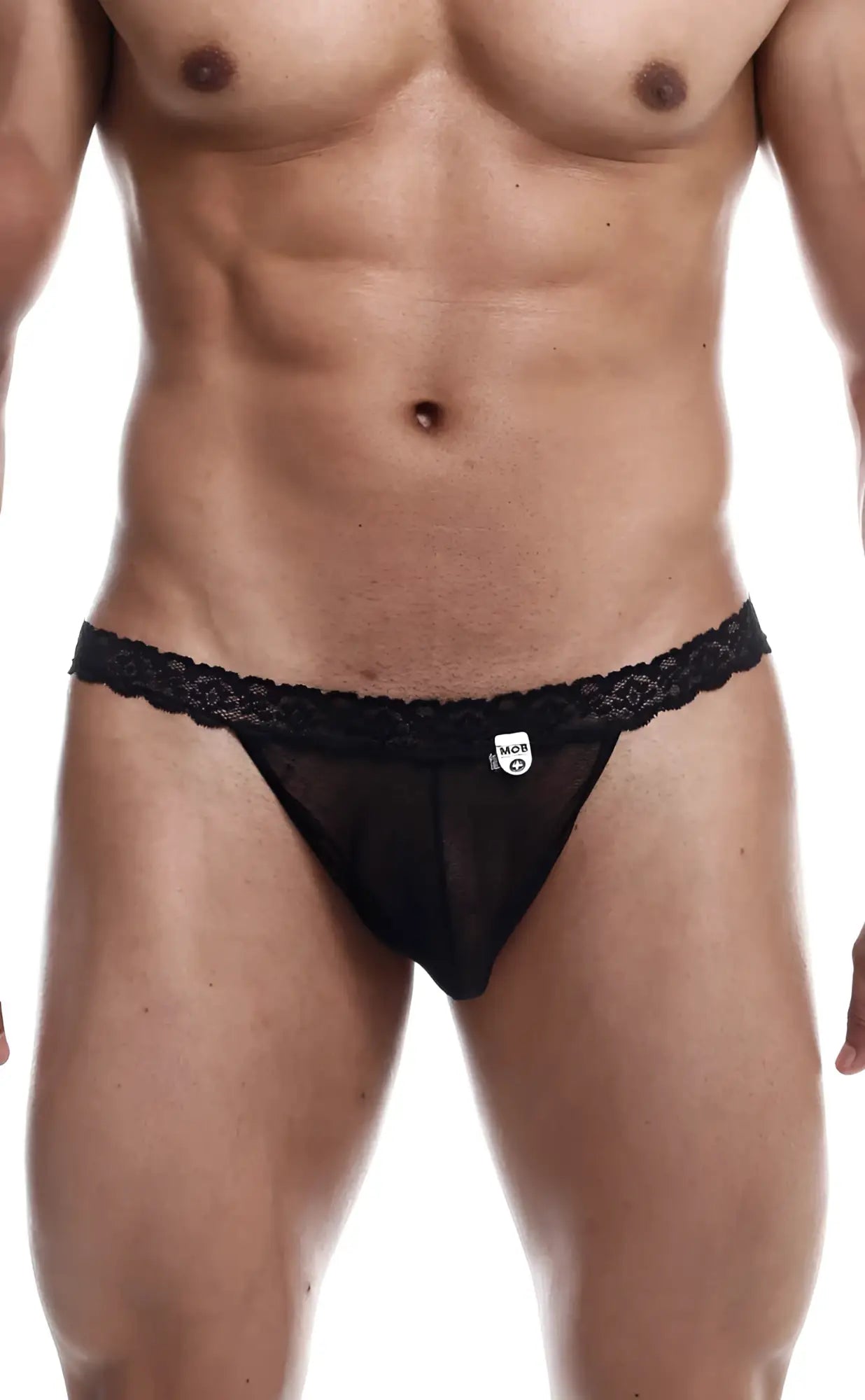 Black lace-trimmed sheer thong with small white logo tag from the mob sultry robe and thong set