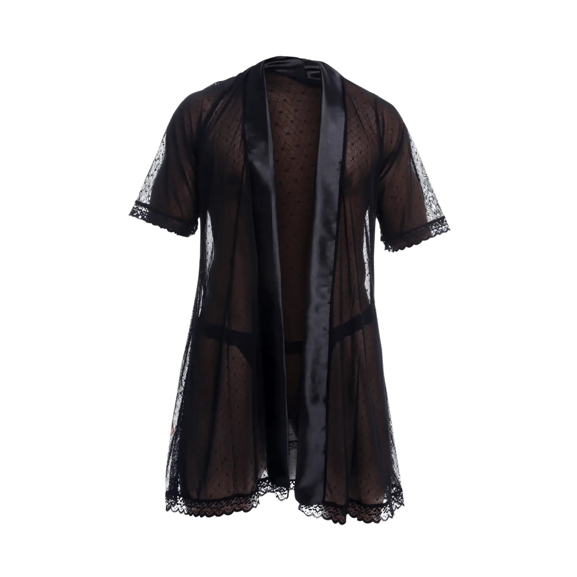 Black sheer lace robe with satin trim and delicate dot pattern from the mob sultry robe and thong set