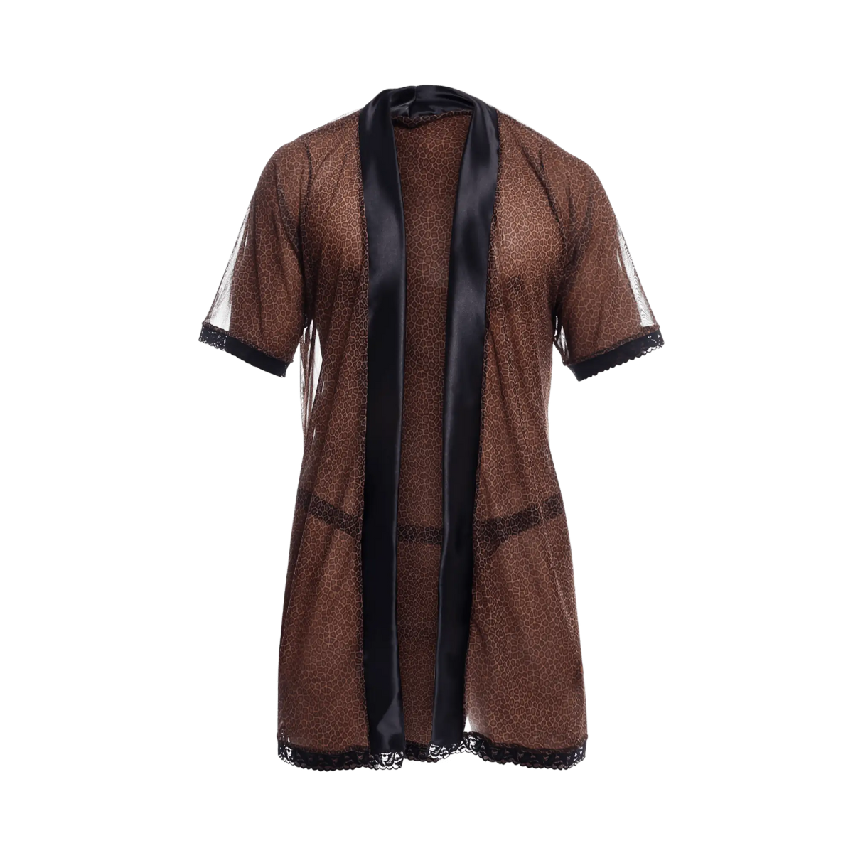 Brown leopard-print sheer robe with black satin trim and lace detailing from mob sultry robe and thong set