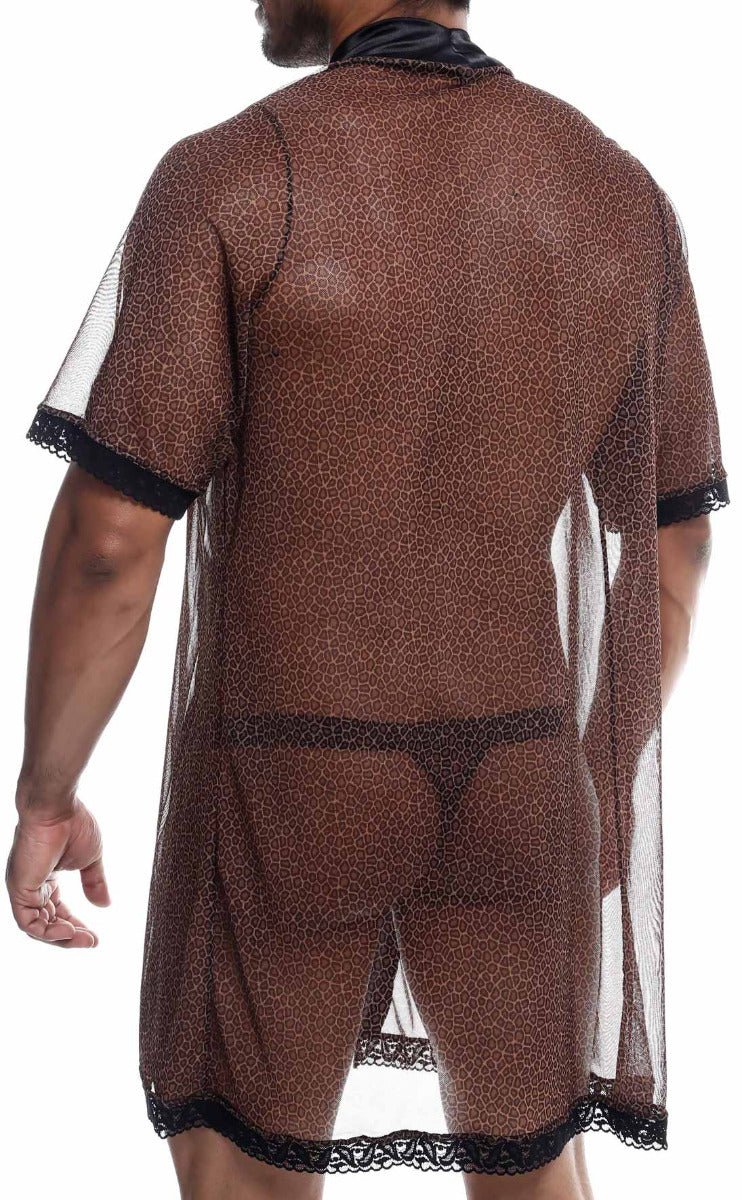 Brown leopard print sheer robe with black lace trim on sleeves hem and collar from MOB sultry robe and thong set