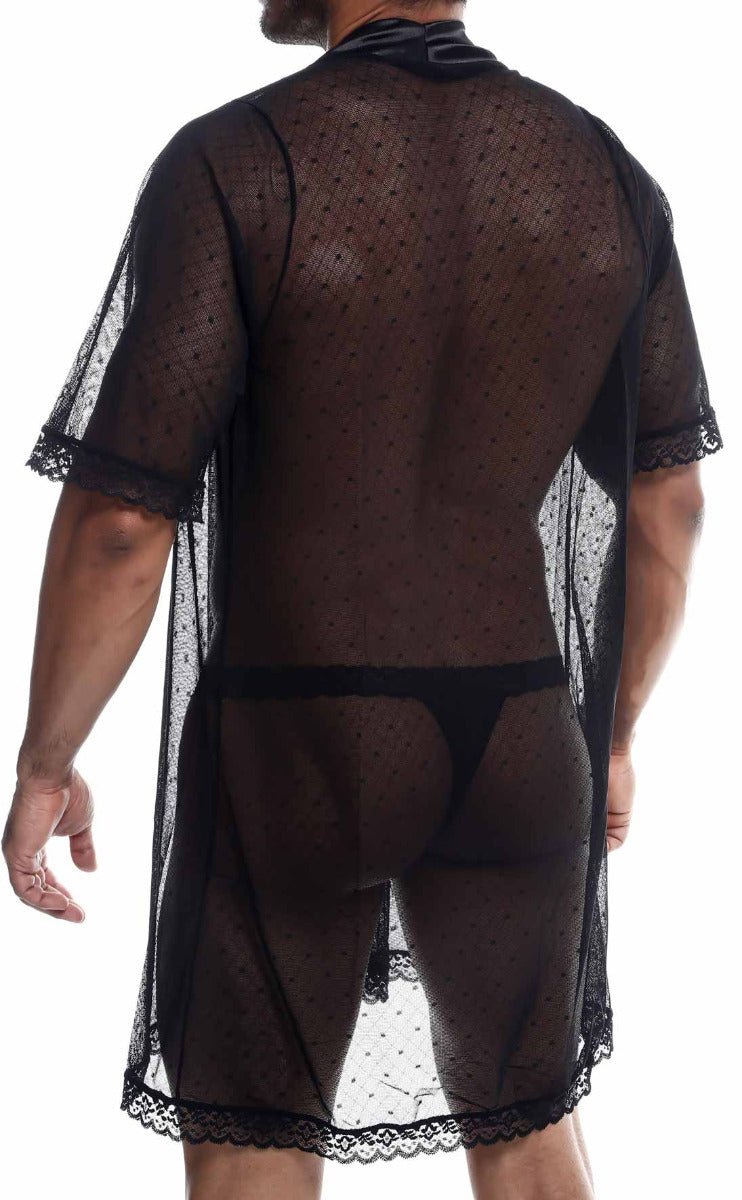 Black sheer polka-dot mesh robe with lace trim from mob sultry robe and thong set shown from the back side