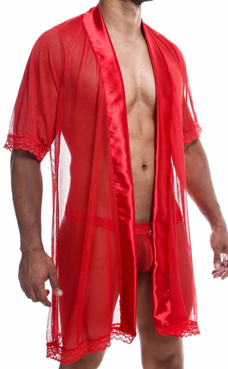 Red sheer mesh robe with satin trim and lace detailing from mob sultry robe and thong set displayed from the back