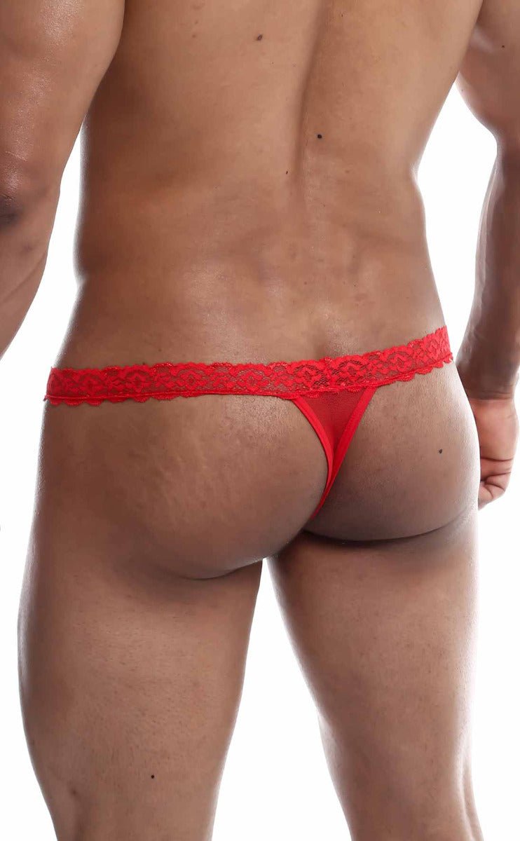 Red lace thong with sheer mesh design from mob sultry robe and thong set shown from the back side