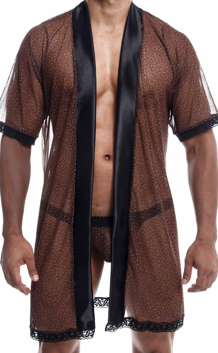 Brown leopard-print sheer robe with black satin trim and lace detailing from the MOB sultry robe and thong set