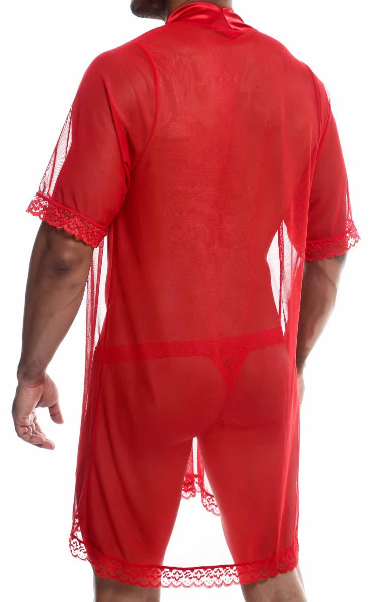 Red sheer lace-trimmed robe from mob sultry robe and thong set made of delicate translucent fabric
