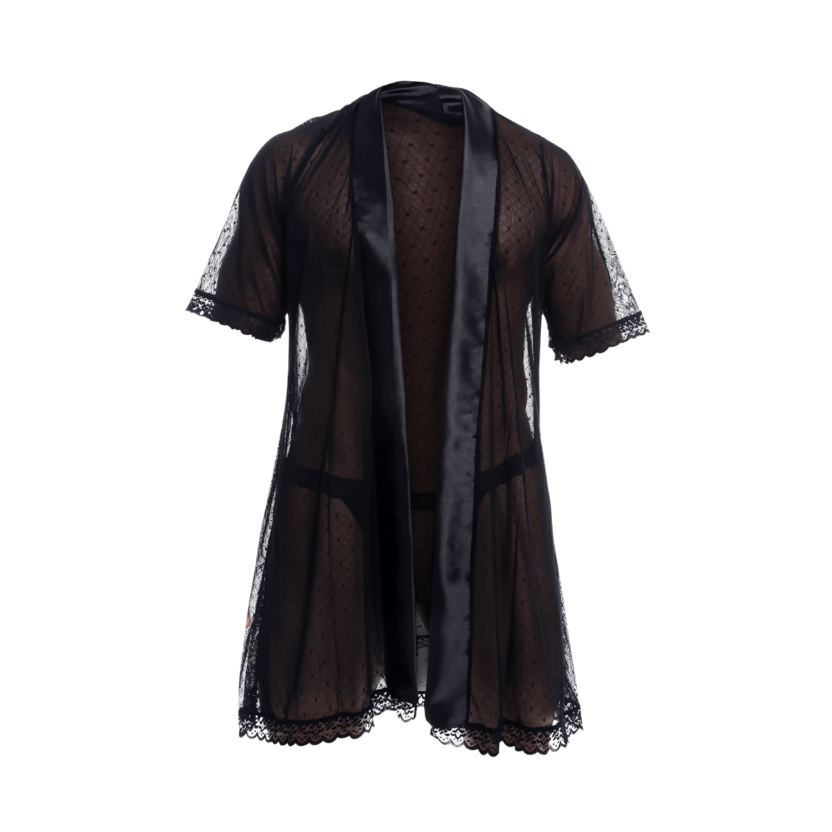 Black sheer lace robe with satin trim and delicate dot pattern from mob sultry robe and thong set