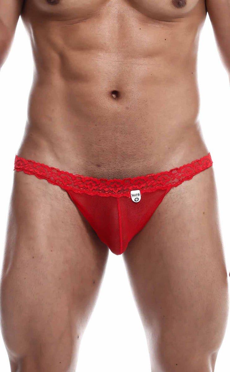 Red lace-trimmed thong with small white brand tag from mob sultry robe and thong set for intimate wear