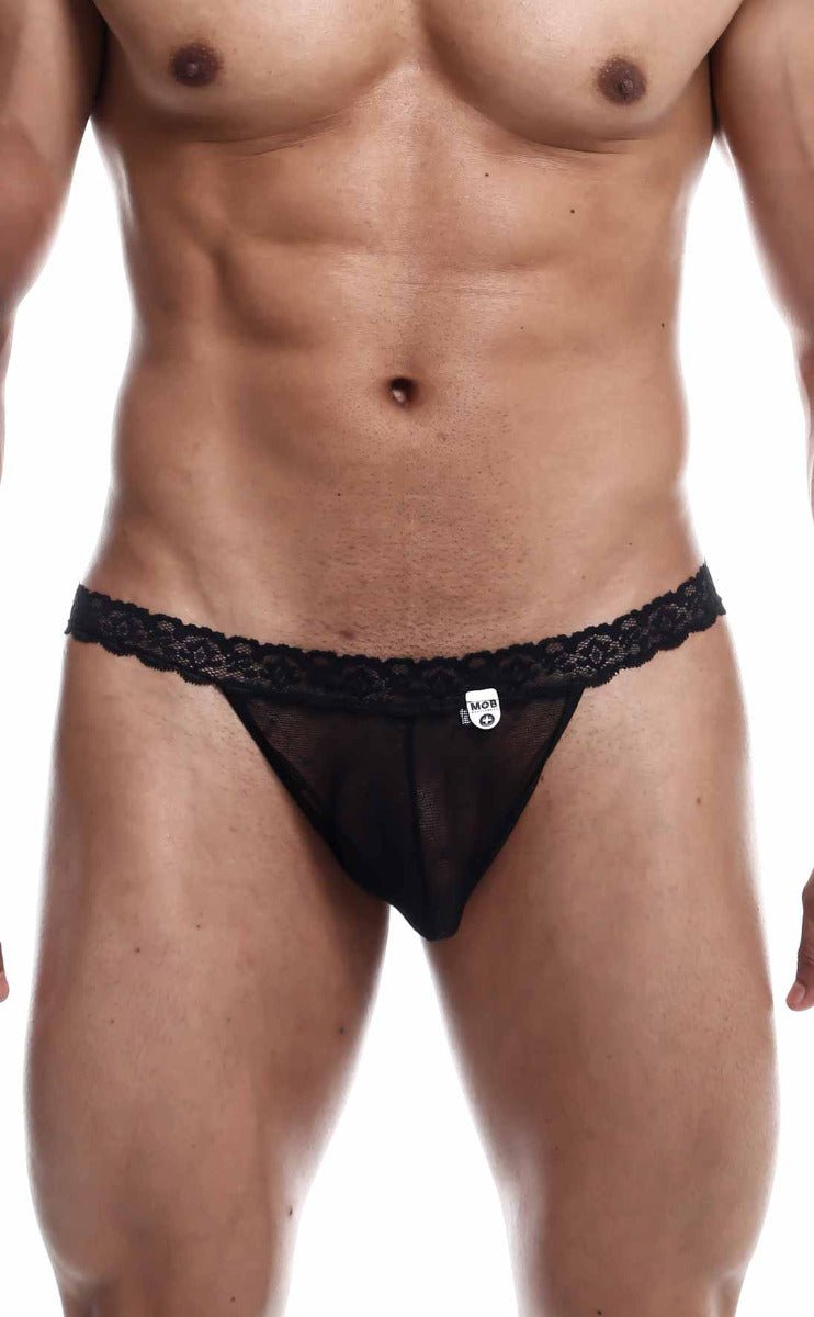 Black lace-trimmed sheer thong with small white logo tag from the mob sultry robe and thong set