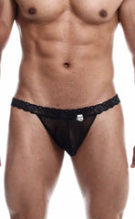 Black lace-trimmed sheer thong with small white logo tag from the mob sultry robe and thong set
