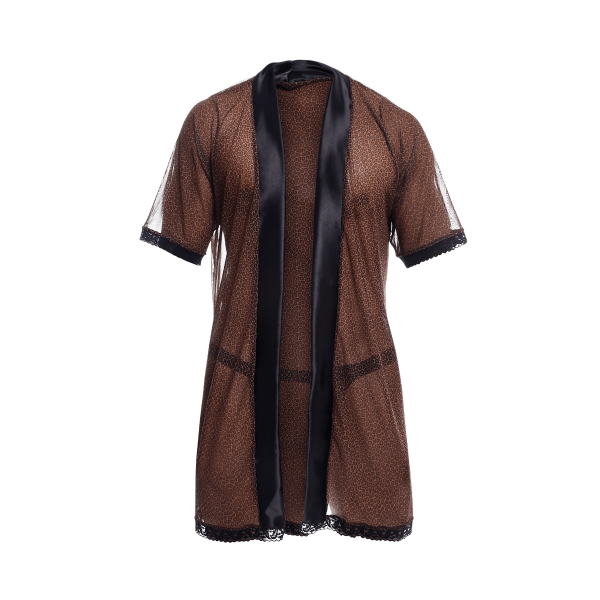 Brown leopard-print sheer robe with black satin trim and lace detailing from mob sultry robe and thong set