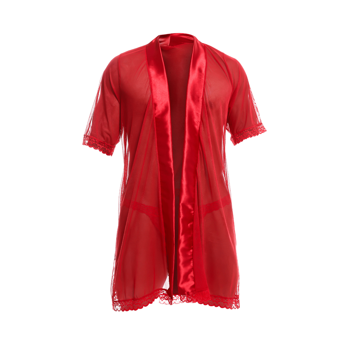 A sheer red satin robe with lace trim along the sleeves and hem from the mob sultry robe and thong set