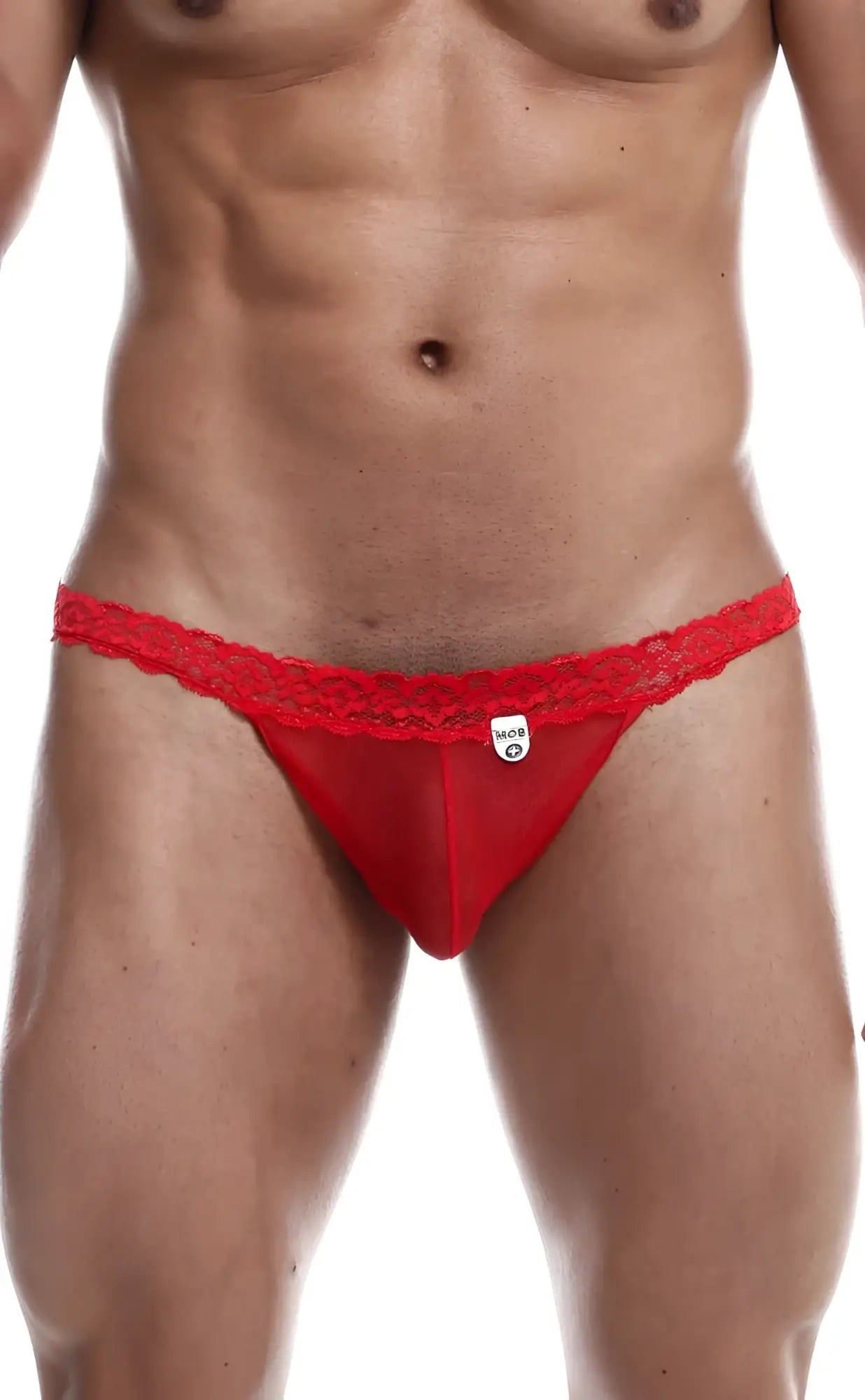 Red lace-trimmed thong with small white brand tag from mob sultry robe and thong set for intimate wear