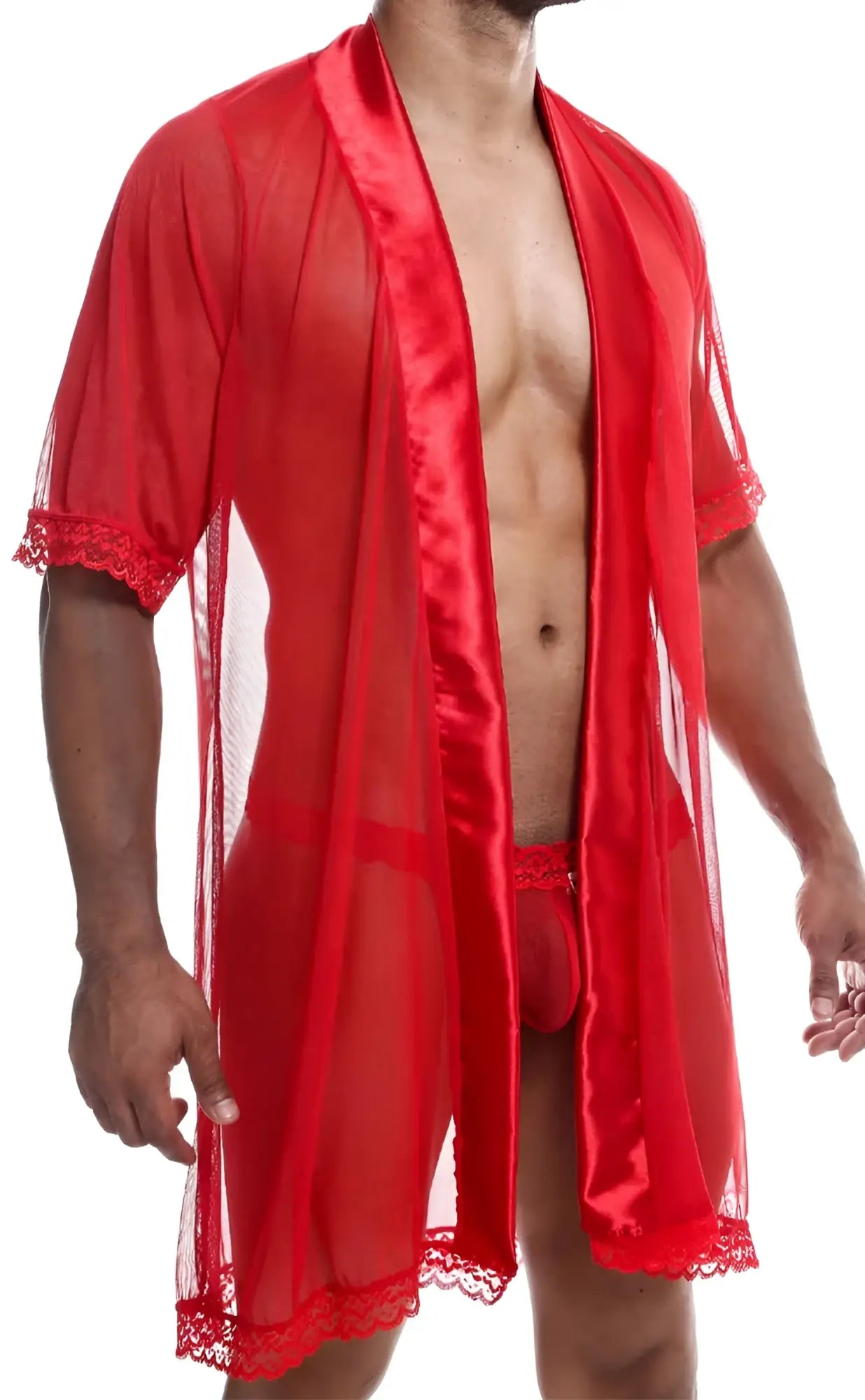 Red sheer mesh robe with satin trim and lace detailing from mob sultry robe and thong set displayed from the back