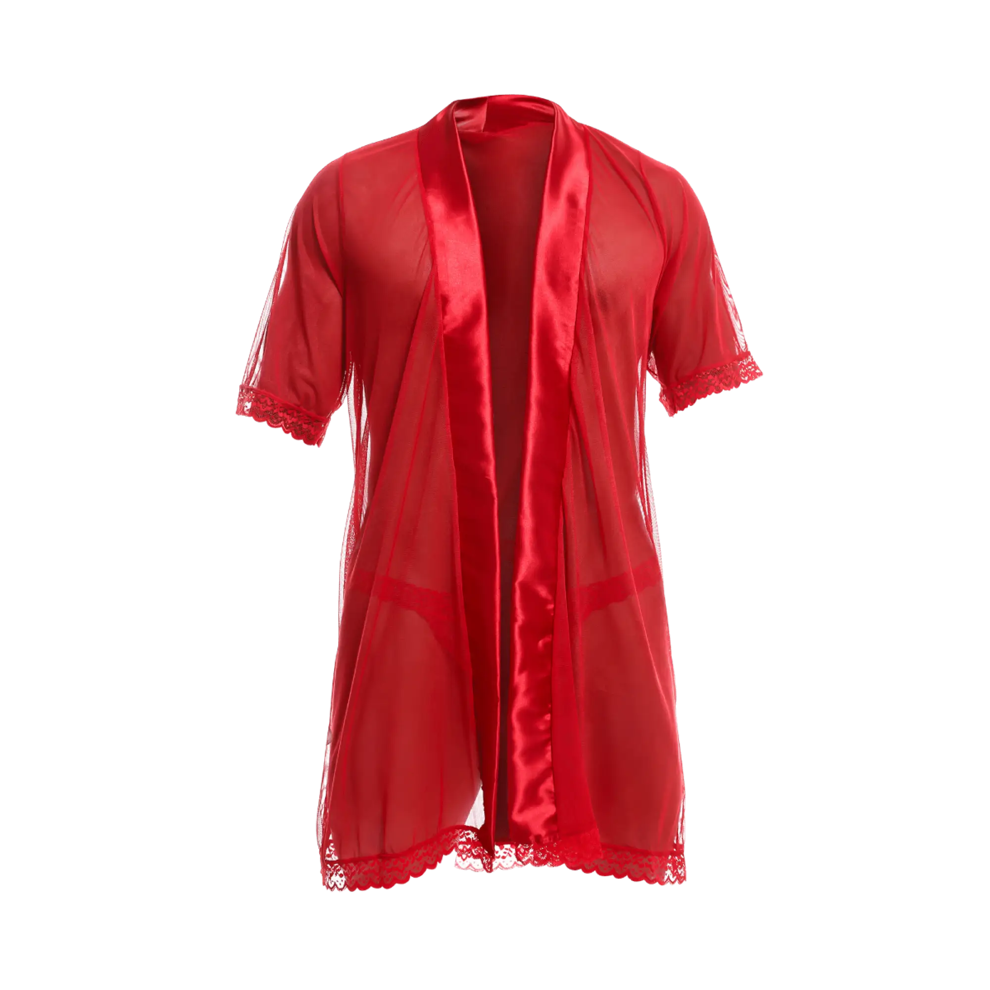 A sheer red satin robe with lace trim along the sleeves and hem from the mob sultry robe and thong set