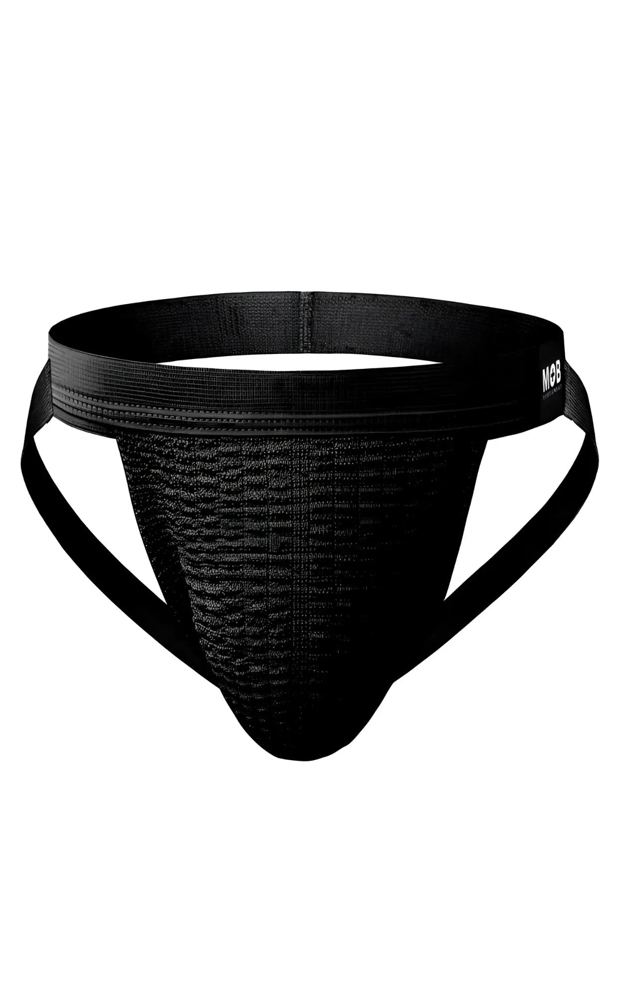 Black mesh athletic brief with elastic waistband and side straps shown from the back in mob swim jockstrap style
