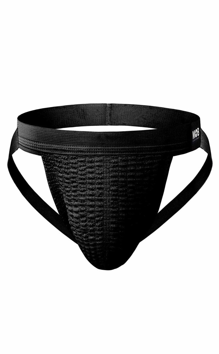 Black mesh athletic MOB swim jockstrap brief with elastic waistband and side straps shown from the back side