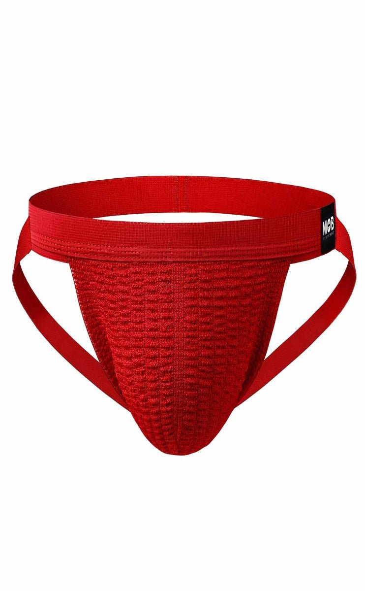 Red textured athletic swim jockstrap briefs with supportive waistband and side straps for active wear