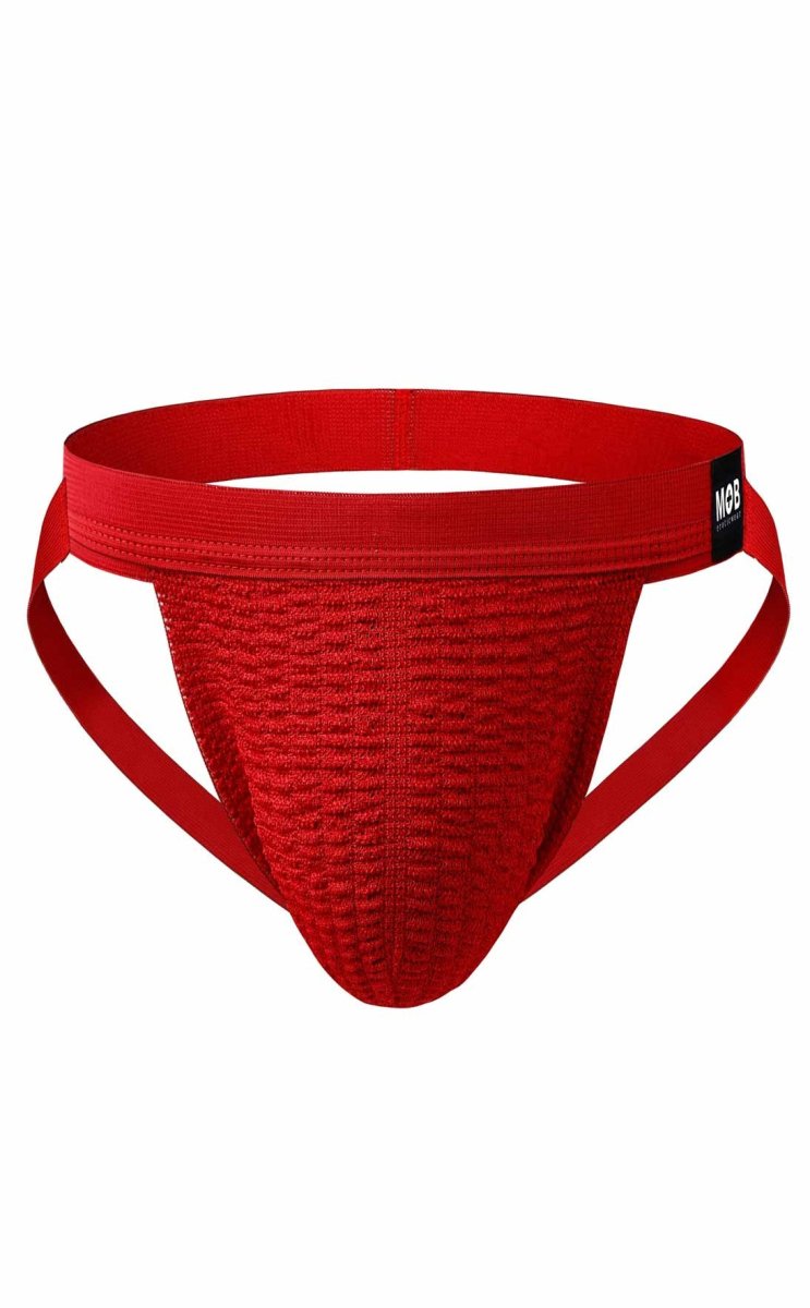 Red textured athletic briefs with supportive waistband and side straps designed for swim use by mob swim jockstrap