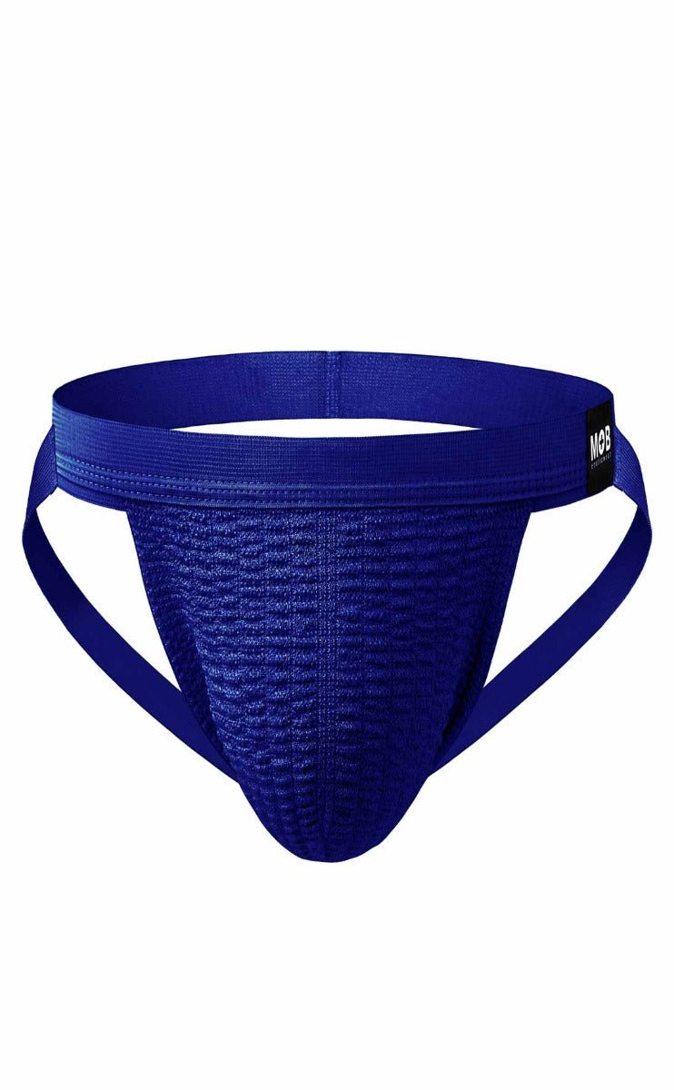 Royal blue mob swim jockstrap with textured fabric and supportive side straps for athletic use