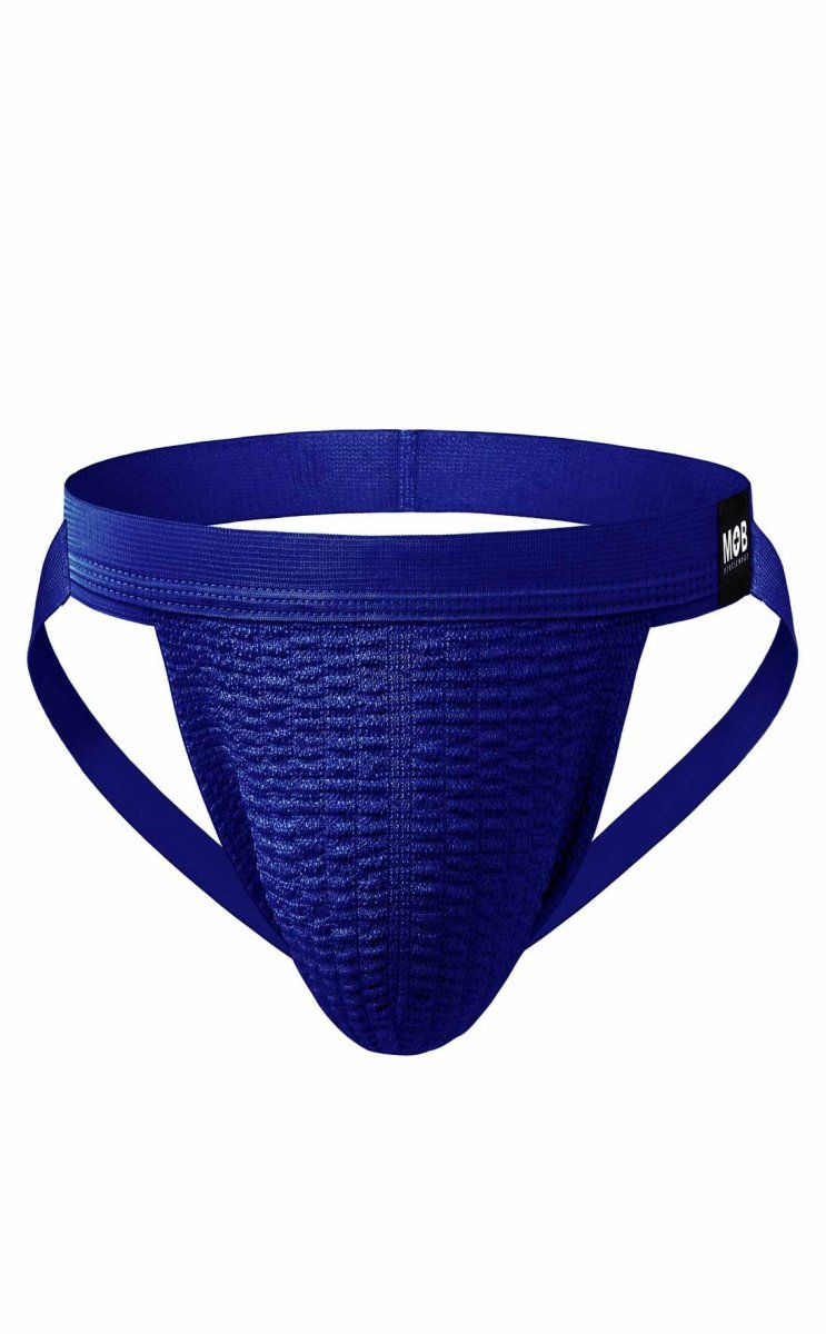 Royal blue mob swim jockstrap athletic briefs with breathable mesh fabric and supportive side straps front view