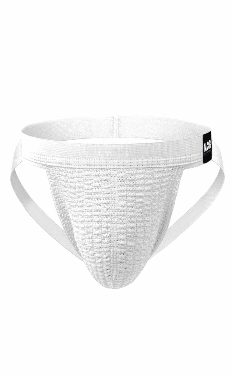 White mob swim jockstrap athletic briefs with textured breathable fabric and elastic waistband with black brand tag