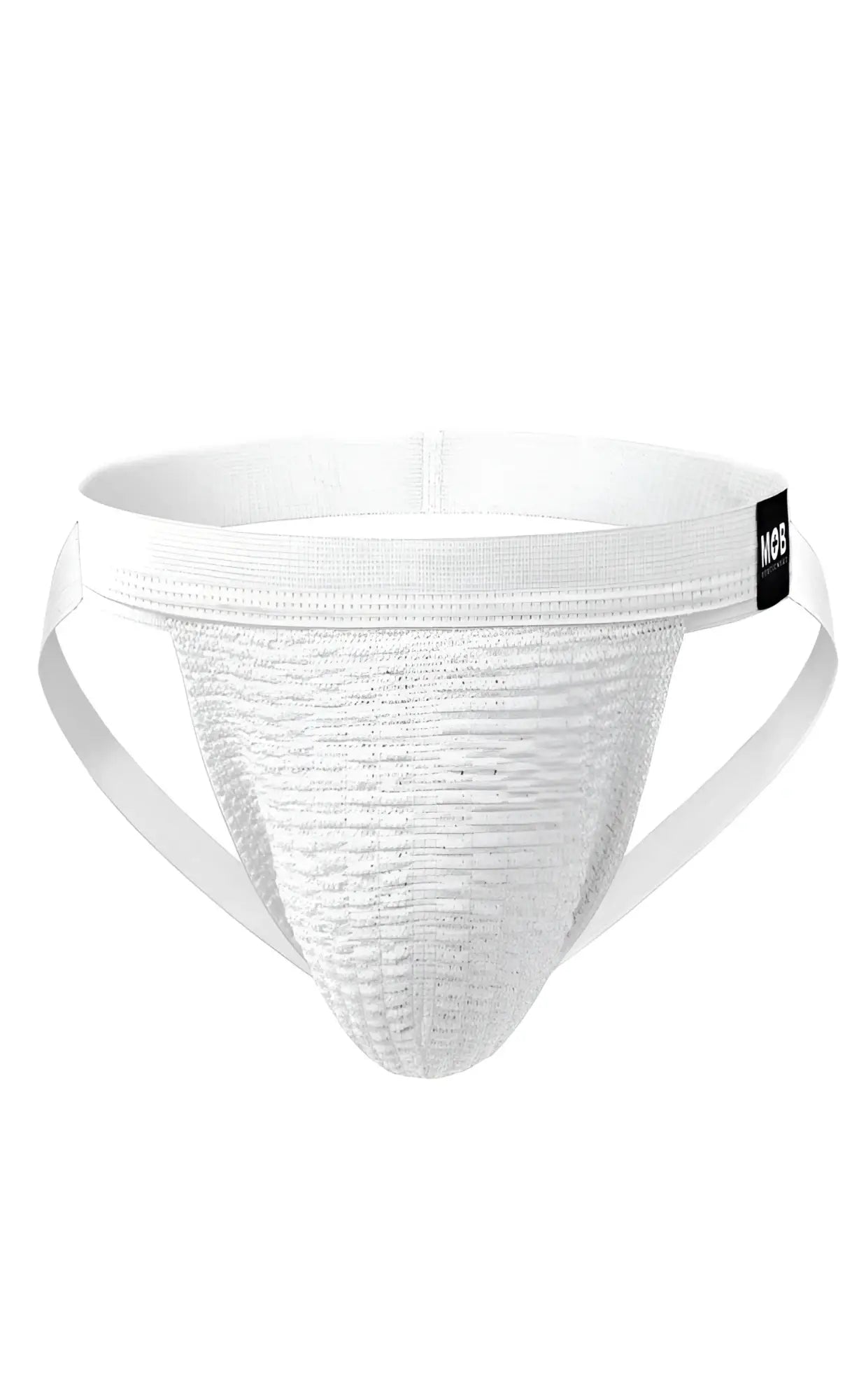 White mob swim jockstrap with breathable textured fabric and elastic waistband featuring black mgs brand tag