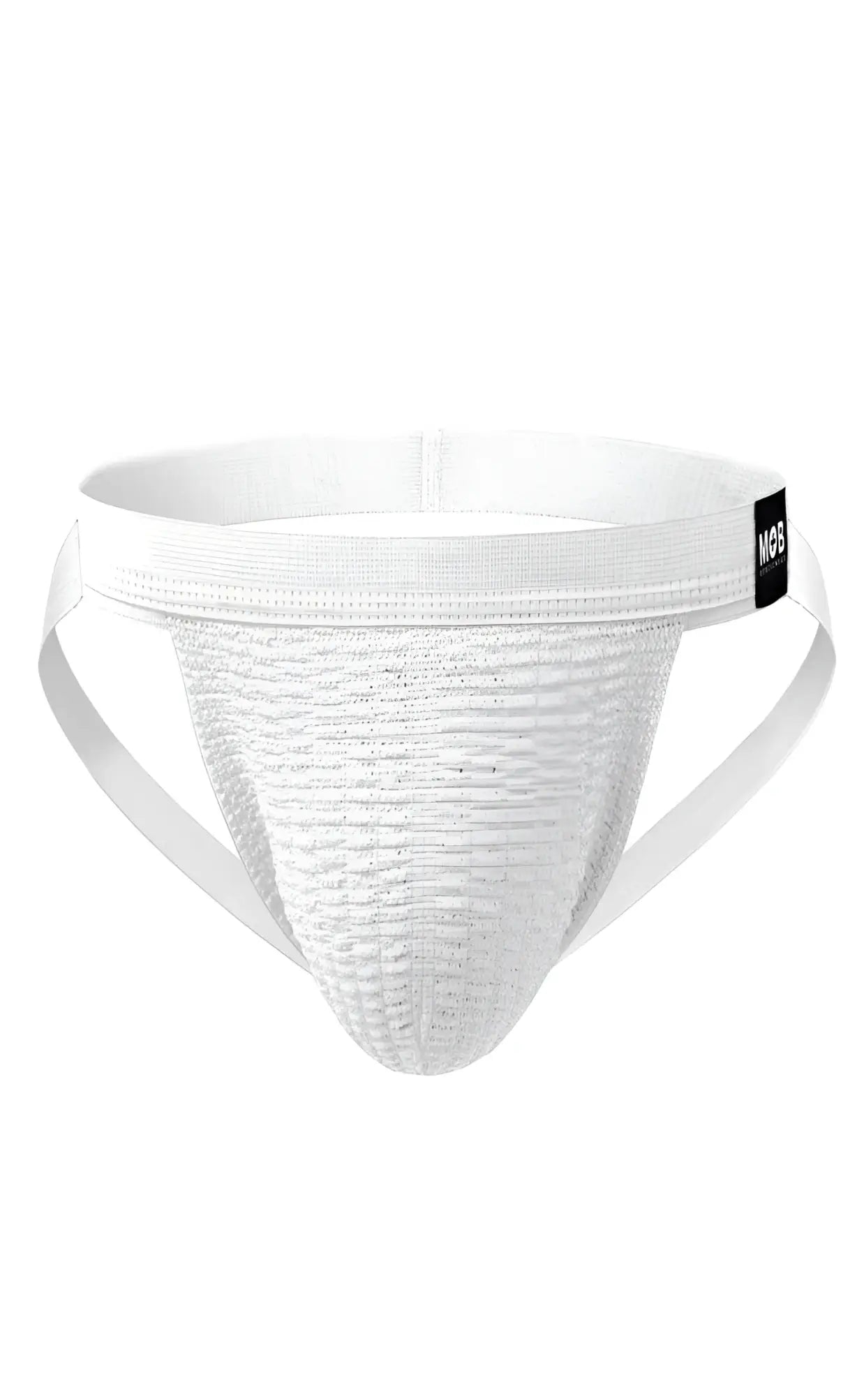 White textured athletic swim jockstrap with supportive waistband and side straps for active use
