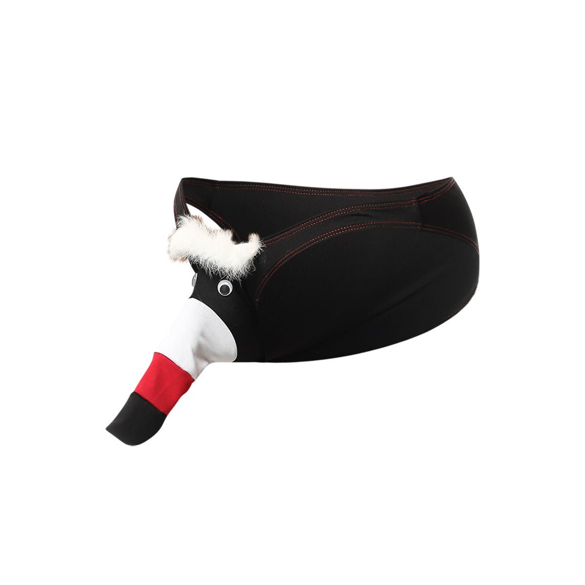 Black duck-shaped fanny pack with white fluffy beard red and black beak and stitched details for toucan bikini for men