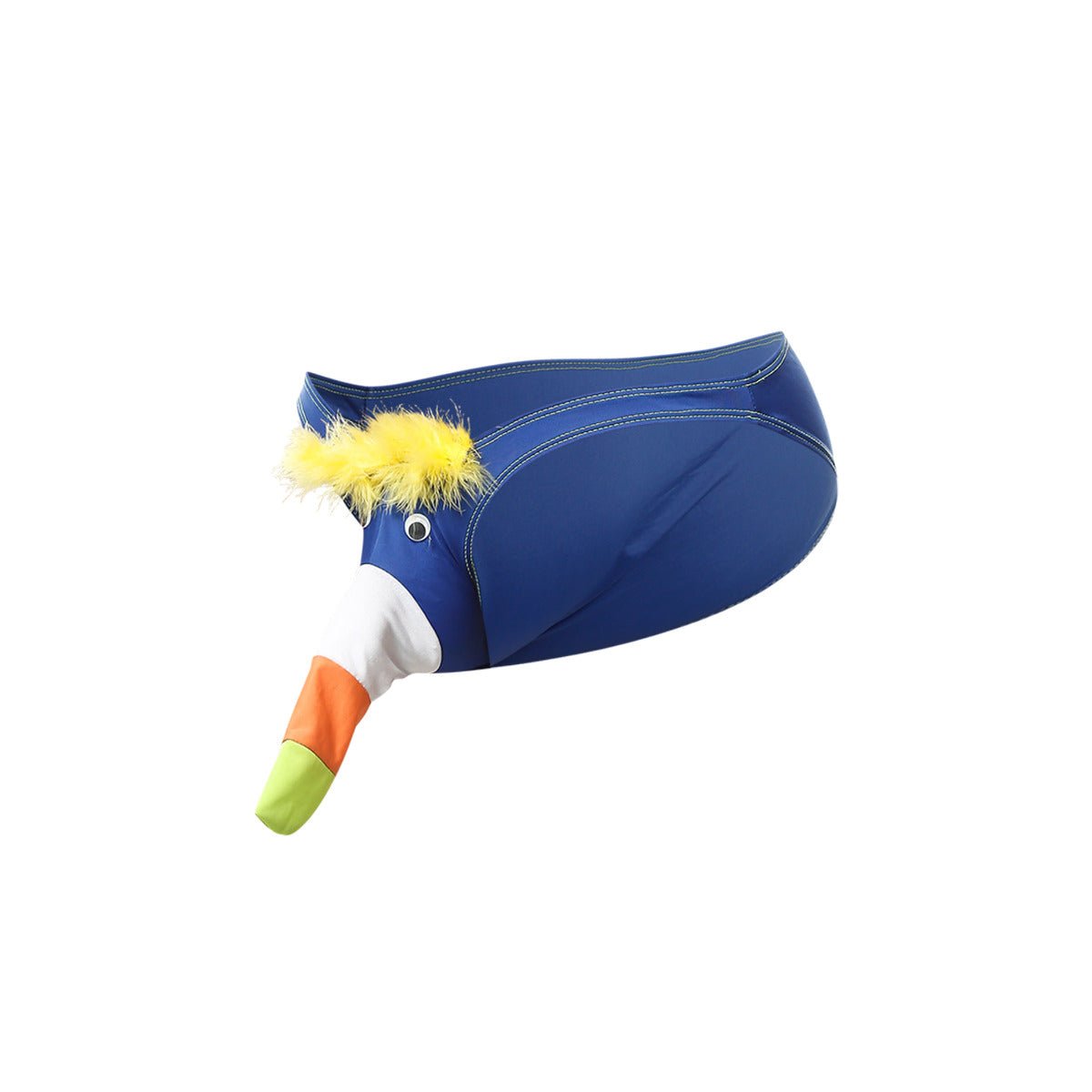 Blue duck-shaped belt with yellow feathered crest and white orange-green beak in toucan bikini for men product