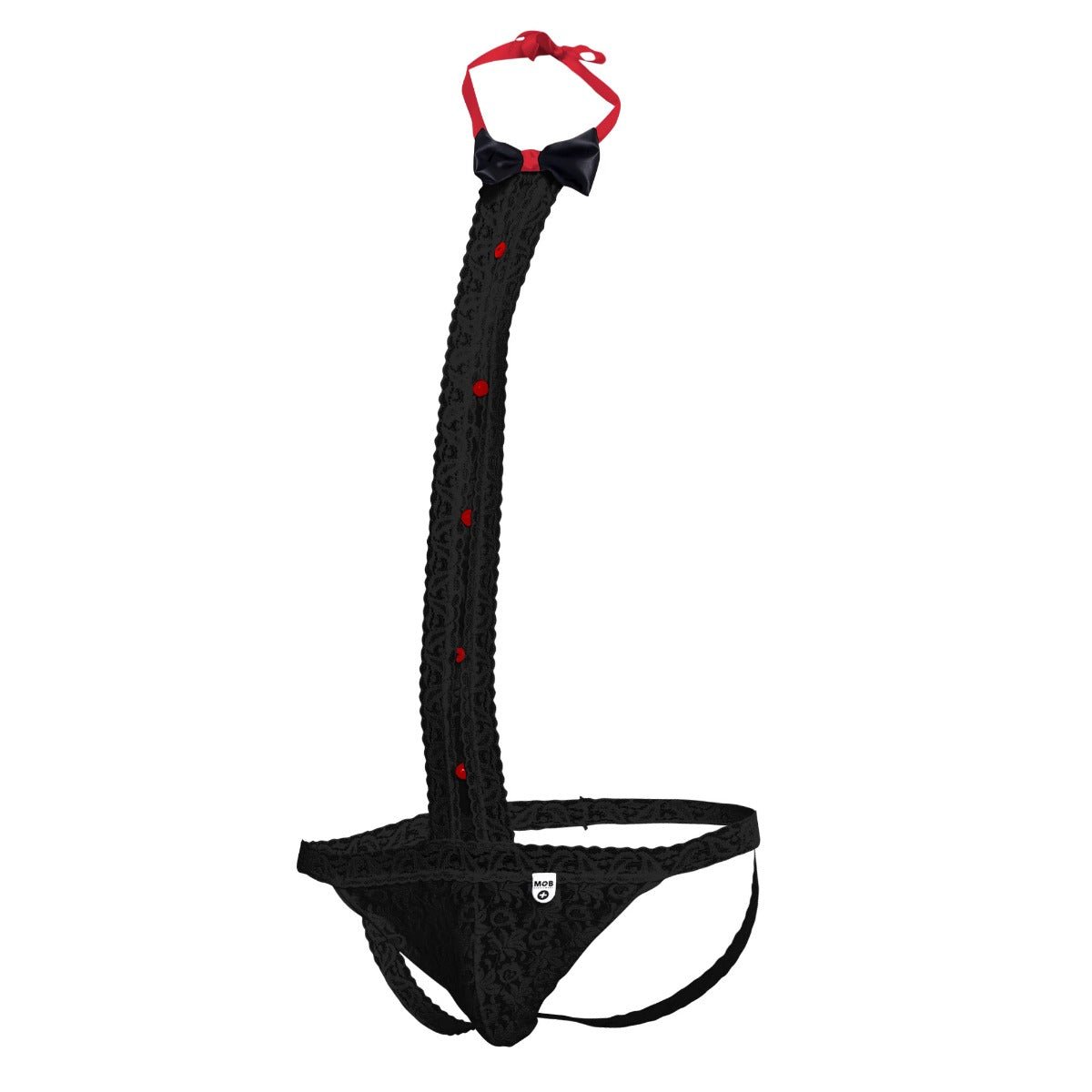 Black lace thong tuxedo style with red bow tie and matching red buttons along the strap front view