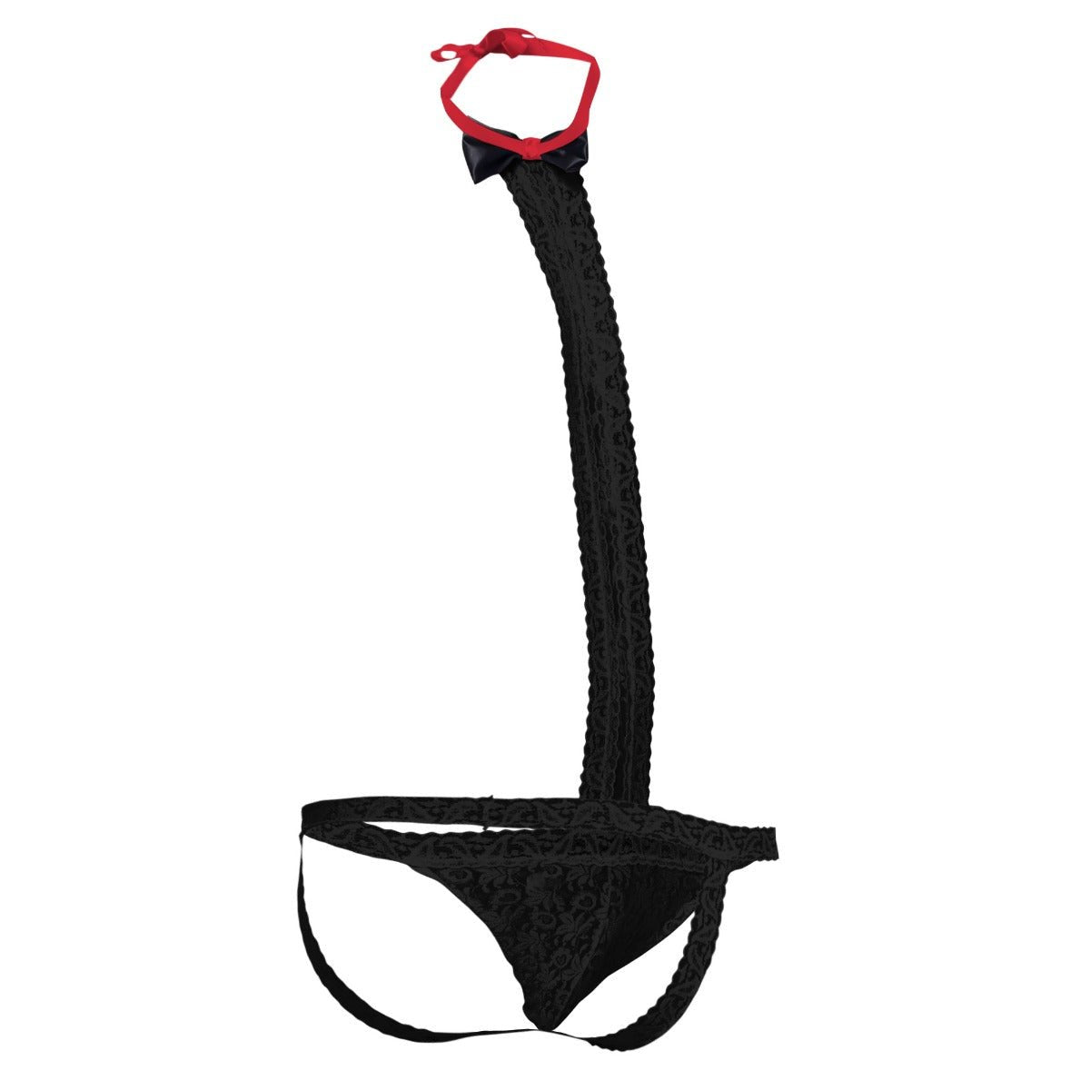 Black lace tuxedo thong with a long decorative tail ending in a red bow and black satin ribbon back view
