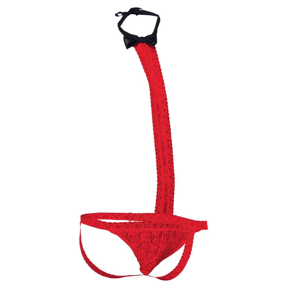 Red lace mob tuxedo thong with matching long textured strap and black bow at the top front view