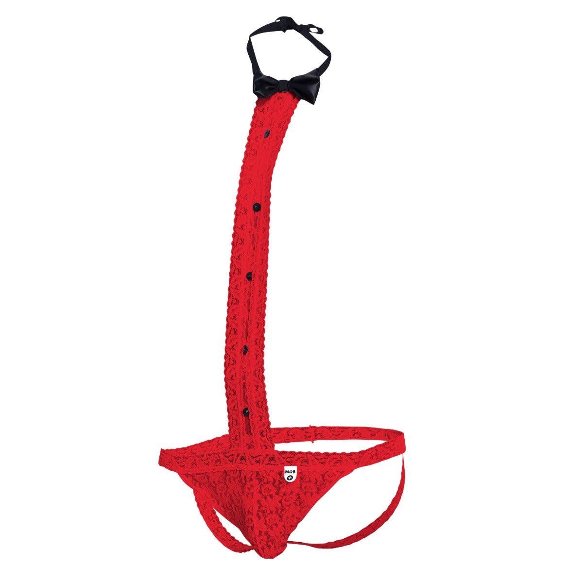 Red lace men’s briefs with black bow tie and button details from mob tuxedo lace thong collection