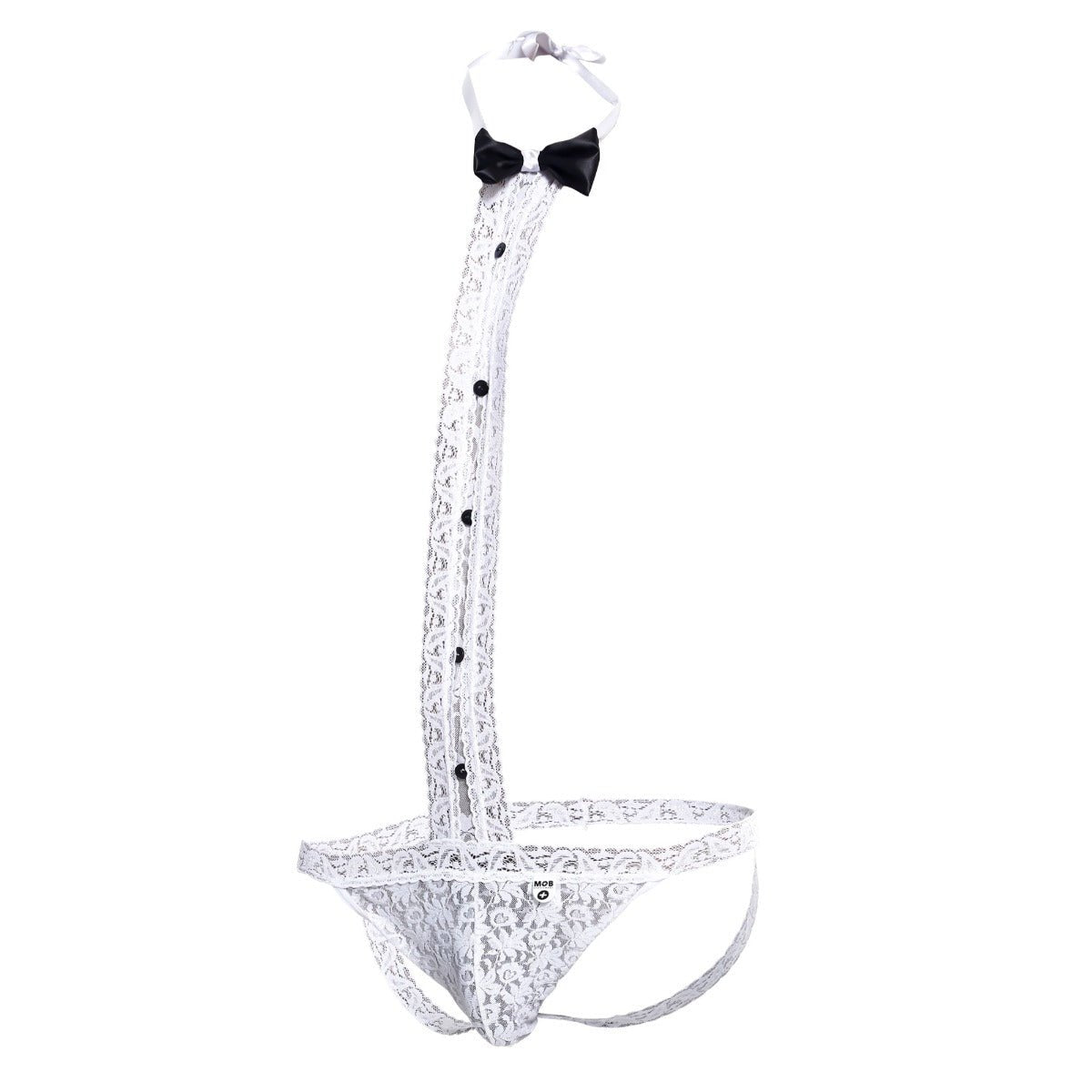 White lace men’s lingerie tuxedo thong with black bow tie and button details in mob tuxedo lace thong set