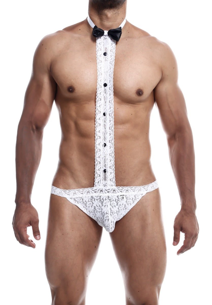 White lace tuxedo lace thong underwear with black button details and matching bow tie for lingerie wear