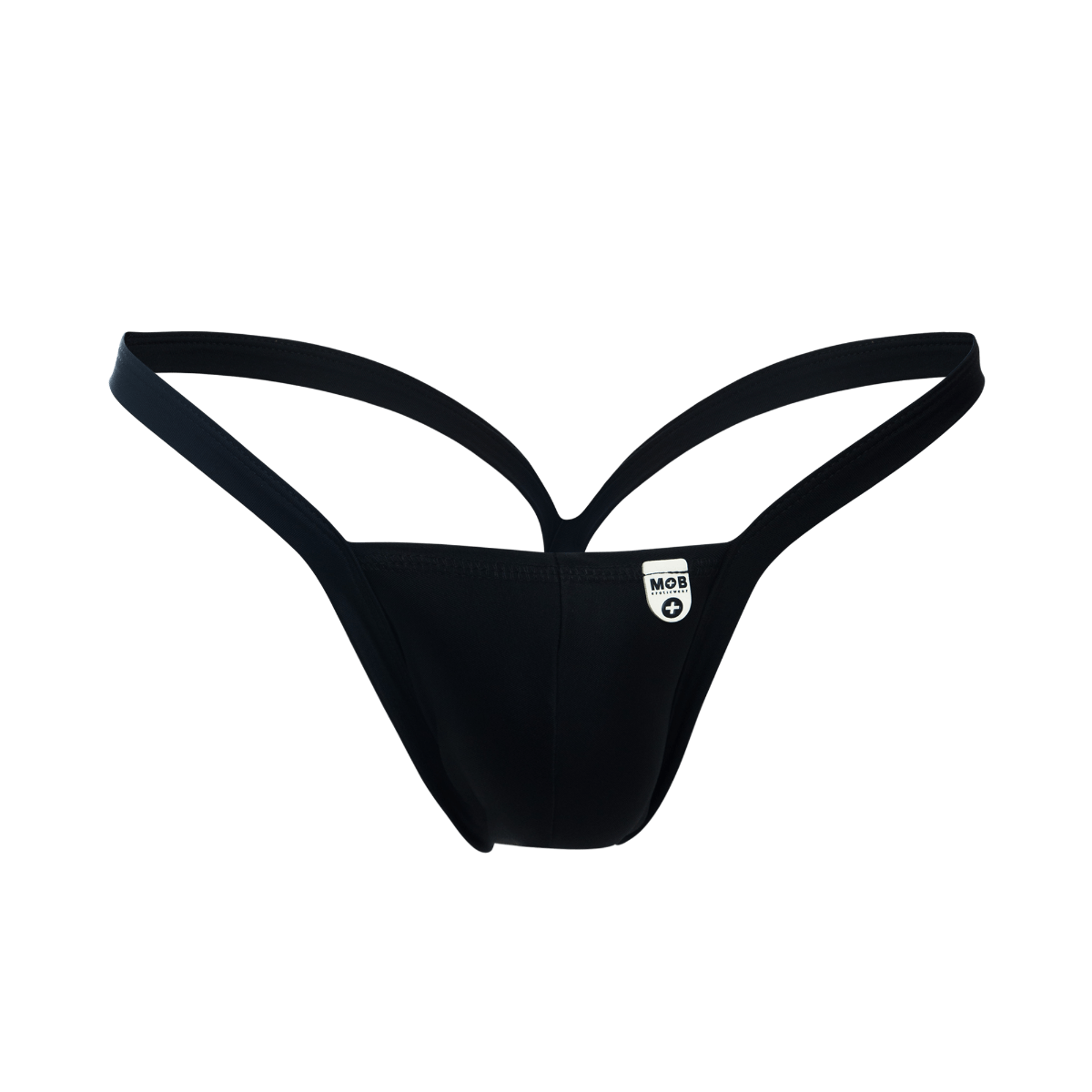 Black MOB Y Buns thong with minimalist design and thin supportive straps shown from the back side