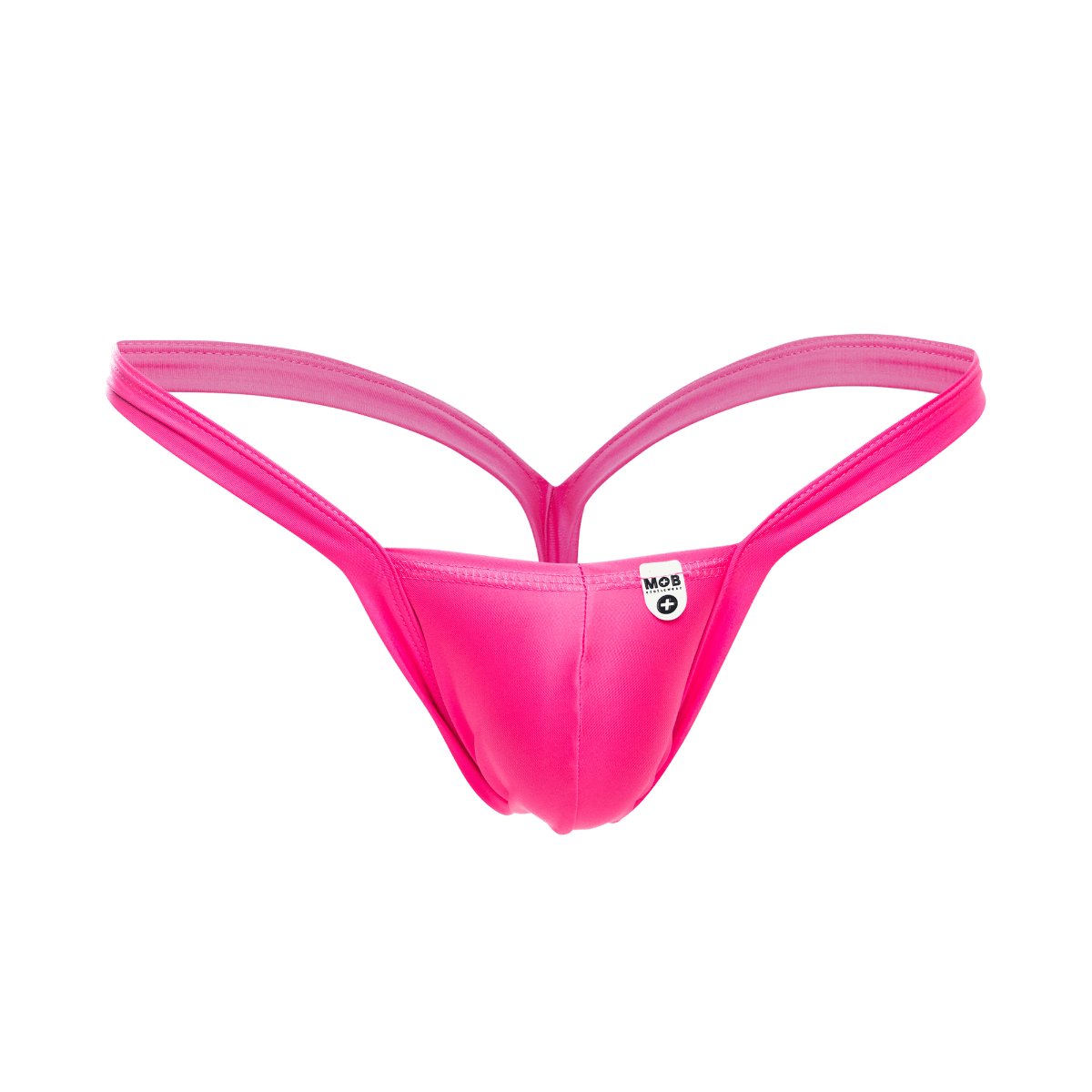 Vibrant pink mob y buns thong with sleek form-fitting design and thin straps shown from the back side