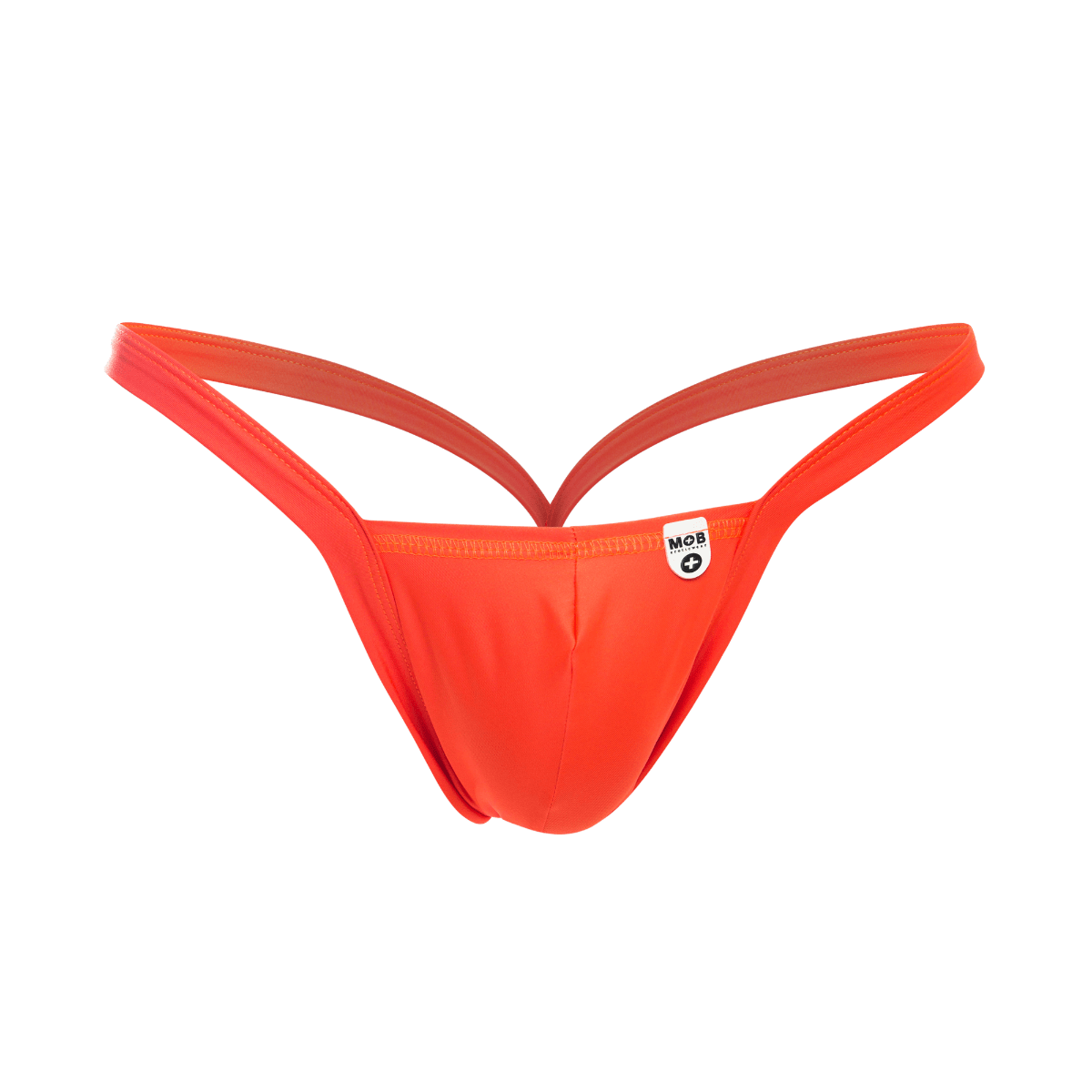 Vibrant orange mob y buns thong with sleek form fitting design and thin straps shown from the back side