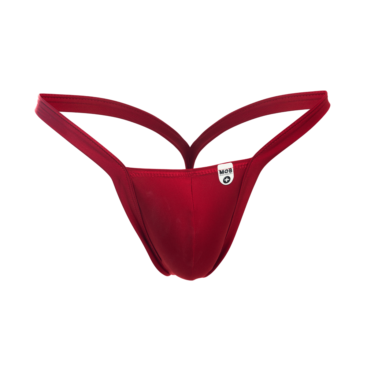 Red thong mob y buns thong with smooth stretchy fabric and thin straps shown from the back side