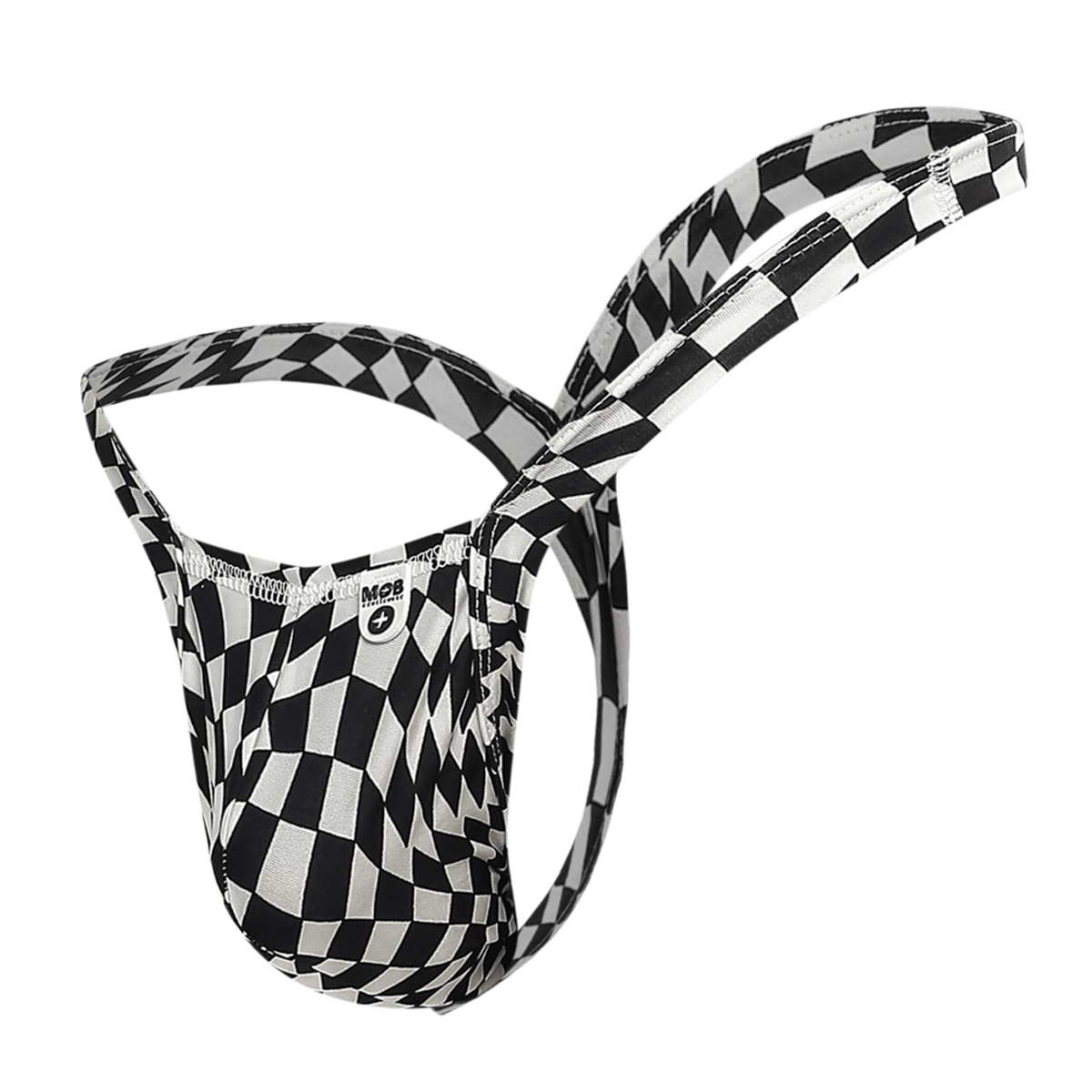 Black and white checkered patterned m2b men’s briefs with a sleek form-fitting design from mob y buns thong collection