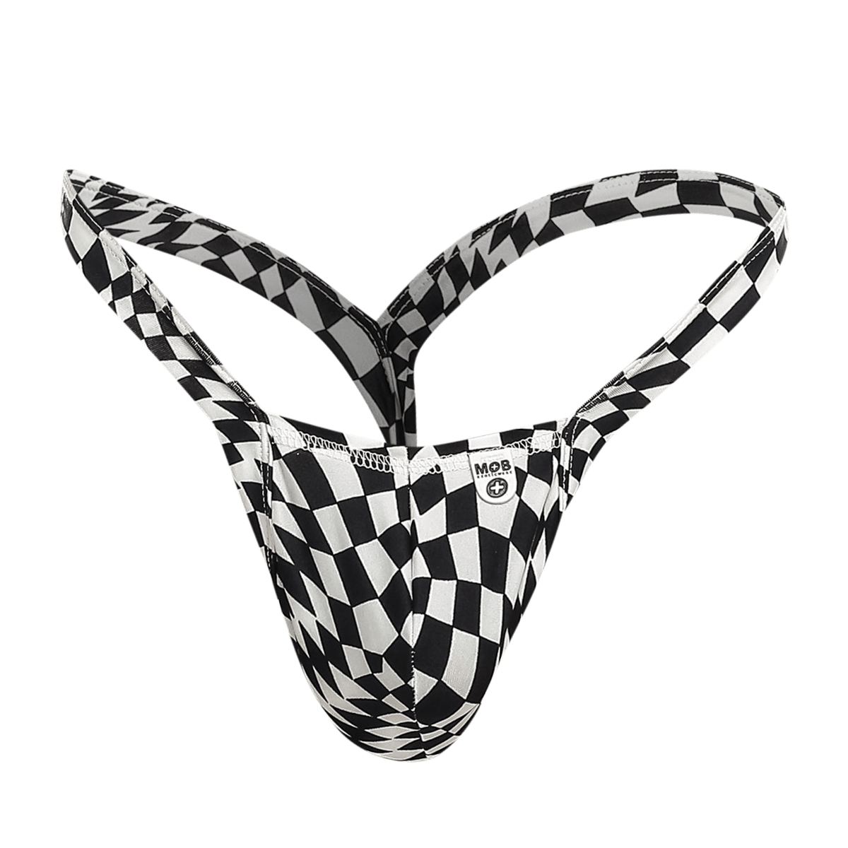 Black and white checkered patterned men’s thong with mob brand label front view from the mob y buns thong collection
