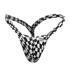 Black and white checkered patterned men’s thong with mob brand label front view from the mob y buns thong collection
