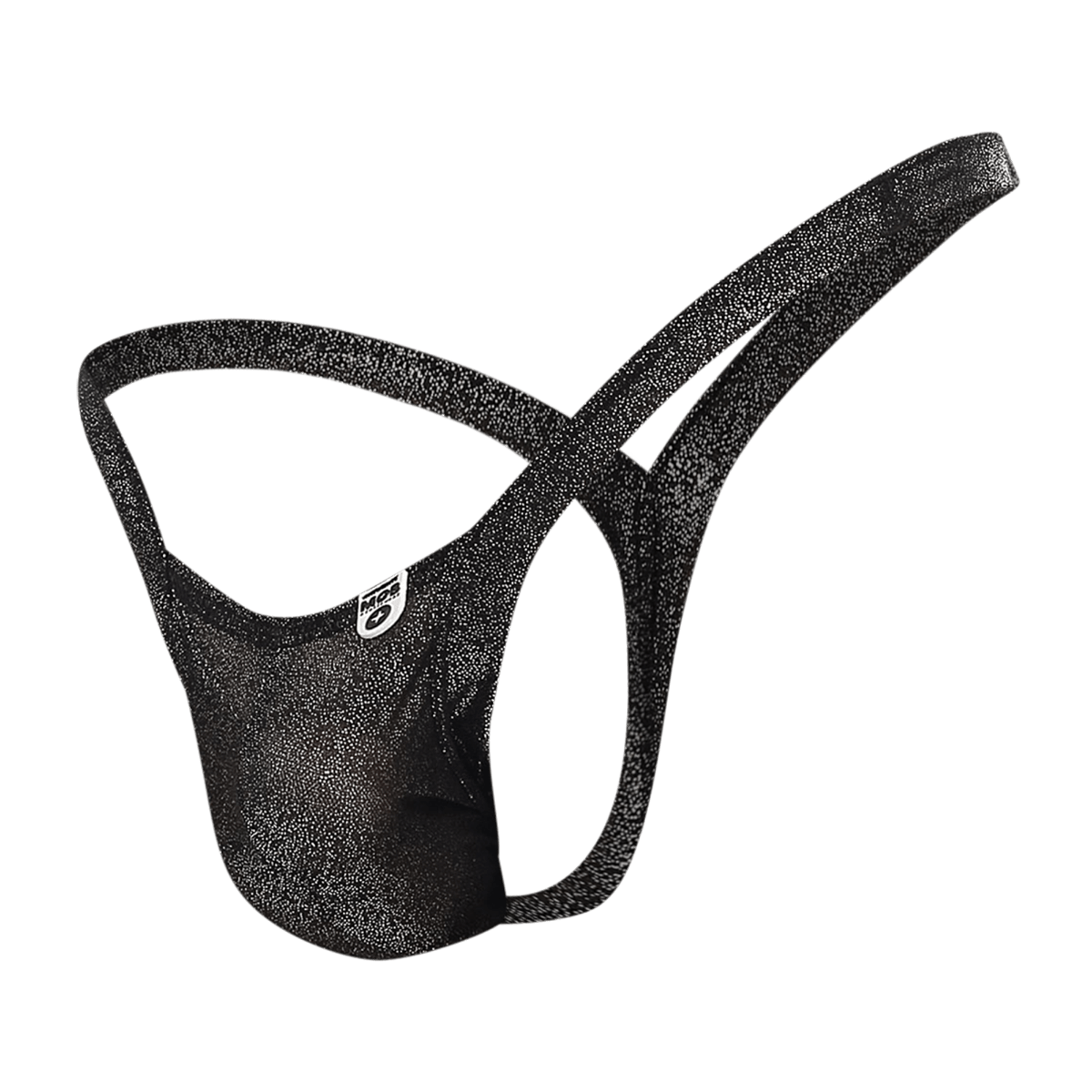 Black glittery mens briefs with a subtle shimmer texture and small white logo on the side mob y buns thong