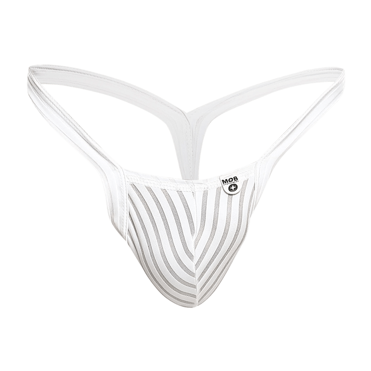 White striped mob y buns thong with sleek modern design and thin straps shown from the back side